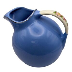 Vintage Hall China Royal Rose Cadet Blue Ball Jug Pitcher White Handle Cottage